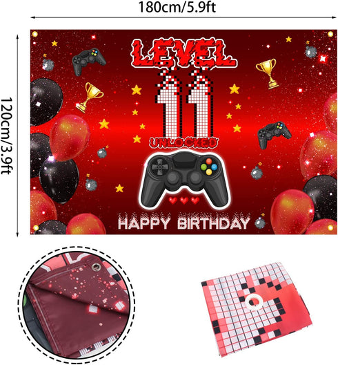 Level 11 Unlocked Backdrop Banner Decorations - Video Game Happy 11th Birthday for Boys Kids, Red and Black Level Up