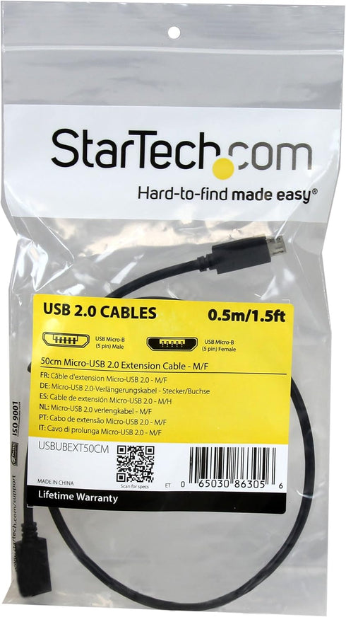 0.5m 20in Micro-USB Extension Cable, Male to Female, USB for Tablet, Phone, Docking Station
