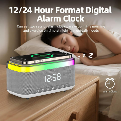Strackvial 15W 2x10W 6 BT5.3/AUX/TF/USB, Bluetooth Speaker with Wireless Charging & Digital Clock, LED Display, Qi
