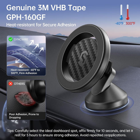 SYNCWIRE MagSafe Car Mount | Carbon Fiber Magnetic Phone Holder for Car, 360° Rotation, Strong Magnet for iPhone 15 Pro