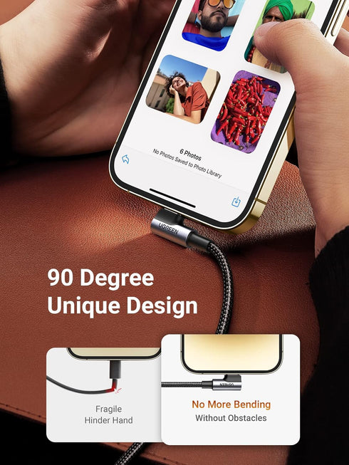 UGREEN 6FT MFi Certified Lightning Cable - 90 Degree USB C for iPhone 14/13/12/11/X/XR/XS/8, iPad, AirPods Pro.