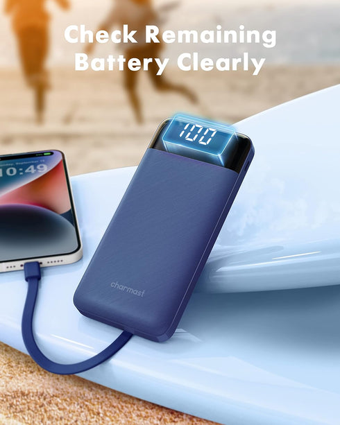 Portable Charger with Built-in Cables, Slim 10000mAh Travel Essentials Battery Pack 6 Outputs 3A High Speed for iPhone