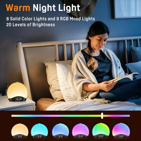Wake Up Light Sunrise Alarm Clock for Kids, Bluetooth Speaker Sound Machine with 22 Natural Sounds, Dual Alarms, FM