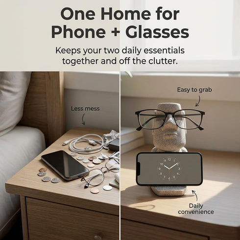 LebriQ 2-in-One Glasses Holder for Nightstand, Moai Phone Stand for Desk and Glasses Holder, Resin Organizer