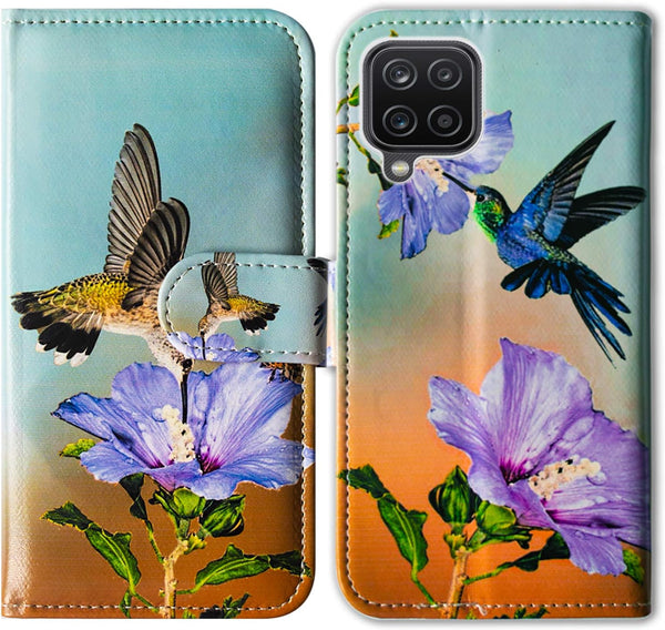 Hummingbird Purple Flower Leather Flip Case for Galaxy A12, Wallet Cover with Card Slot Holder and Kickstand