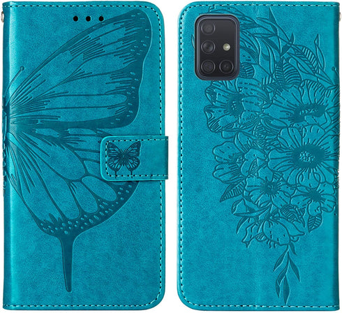 Samsung Galaxy A51 Case Wallet, Butterfly Floral Embossed Leather Flip Cover, Card Holder Slots (Non 5G Version) (Blue)