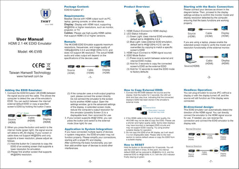 THWT 2.1 4K 4K-EWB), Pre-Set 4K@60Hz 4:4:4 4K@120Hz 4:2:0 2.1 HDMI EDID Emulator (Model: Supports SCDC and EDID Copying