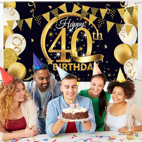 Blulu 40th Birthday Party Decoration, Extra Large Black Gold Fabric Sign Poster for Photo Booth Background