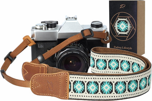 Padwa Lifestyle Camera Strap - 1.5" Crazy Horse Cowhide Head Cotton Strap, Vintage Embroidery for Cameras