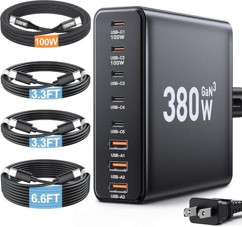 Ediliow 380W USB C Charger Block,with 4 USB Cables 8-Port USB C Charging