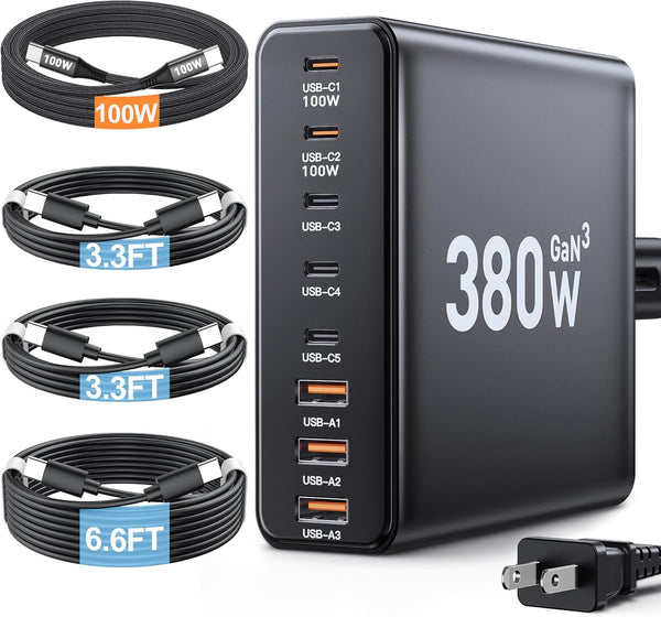 Ediliow 380W USB C Charger Block,with 4 USB Cables 8-Port USB C Charging