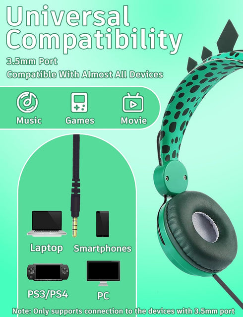 Kids Headphones, Dinosaurs Wired Headsets for Boys & Girls, Built-in Mic & On/Over Ear HD Stereo for Online