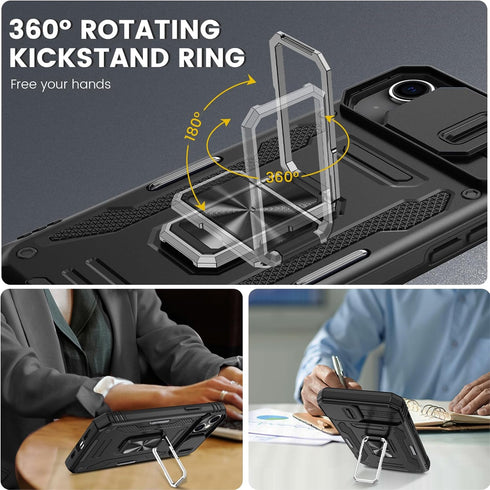 Maxdara iPhone 15 Case, Black with Front Glass Protector, Slide Camera Cover & Rotating Kickstand for 6.1" iPhone 15.