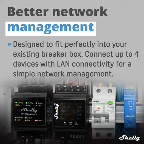 Shelly LAN Switch, 5 Port RJ45 10/100 Mbps Fast Ethernet Switch, DIN-Mountable, Fanless, Plug & Play, Energy-Saving,