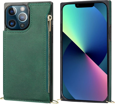 Bocasal Crossbody Wallet Case for iPhone 13 Pro Max, Green PU Leather Zipper Handbag with RFID Blocking Card Slot