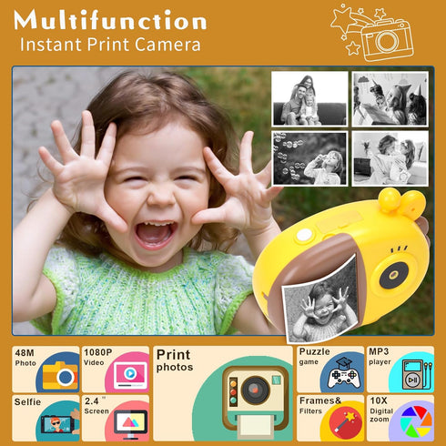Instant Print Camera for Kids, 2.4 Inch HD Digital Video Camera, Selfie Camera for Age 3-12 with 32GB SD Card