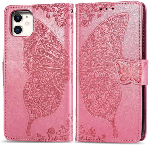 Women Flip Folio Cover for iPhone 11 Wallet Case, Butterfly Embossed PU Leather with Credit Card Holder Slots, Magnetic