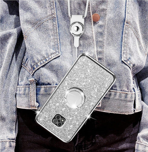 Case for Moto G Power 2021, Shockproof Protection with Ring Kickstand Lanyard, Cute Soft Glitter Cover - Silver