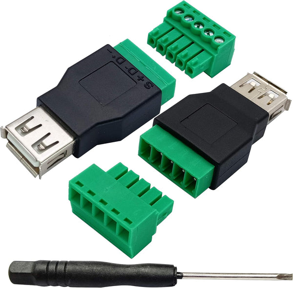 USB 2.0 A Screw Terminal Block Adapter, Female to 5 Pin/Way Female Bolt Screw Shield for Charging and Data Transfer