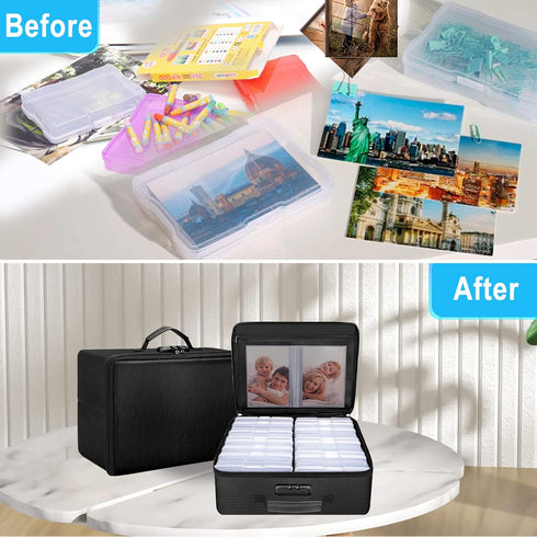 ENGPOW Fireproof Photo Storage Box with 16 Inner Photo Cases - Collapsible Portable Organizer with Lock and Handle