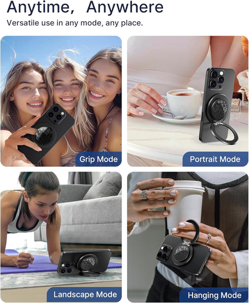 TecRange Magnetic Phone Grip Slim Ring Kickstand Phone Holder for Women, Compatible with iPhone & Android (Black