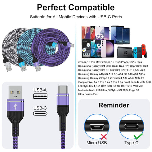 USB C Charger Cable 6FT/3Pack for Motorola razr 2023/razr+ 2024/Edge 2024/Edge 2023, 3.1A Fast Charging Cord