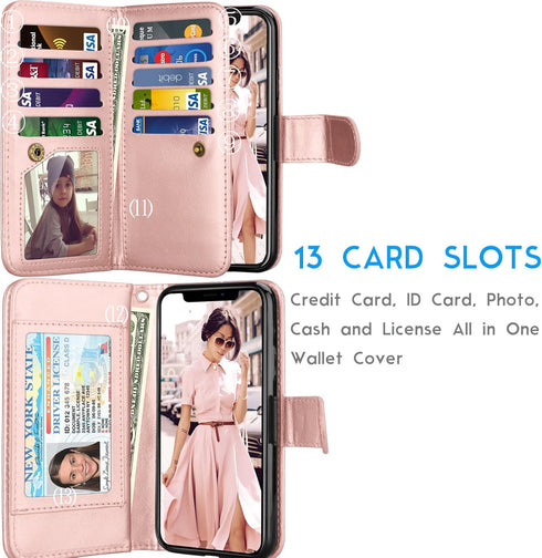 Tekcoo Luxury Wallet Case for iPhone Xs/iPhone X, Rose Gold PU Leather Flip Cover with Detachable Magnetic Hard Case