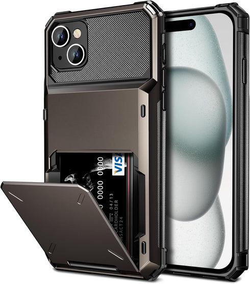 Vofolen iPhone 15 Plus Case, Gun Metal, Dual Layer Shockproof Wallet with Card Holder, 4-Card Slot, 6.7'' Protective
