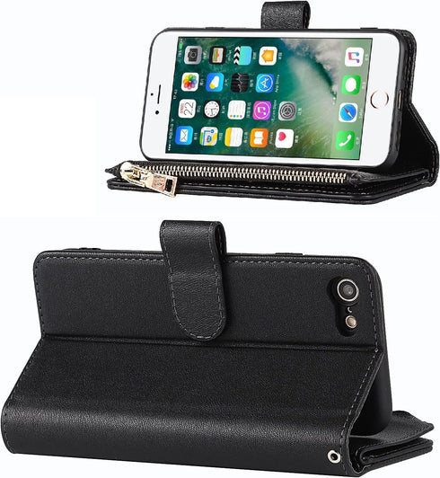 Jaorty Wallet Case Compatible with iPhone 7/8/iPhone SE 2nd 2020, 9 Card Slots, Wrist Strap, Stand Feature, Zipper Cash