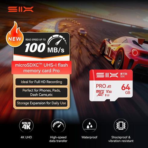 SIX M100 64GB 100MB/s A1, U3, V30 4K 64GB Micro SD Card Read Up to - Support UHD microSDXC Memory Card with Adapter