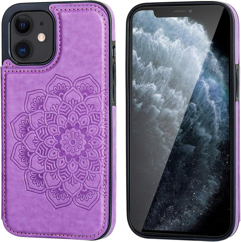 Vaburs Wallet Case for iPhone 12 and iPhone 12 Pro, Embossed Mandala Pattern PU Leather with Card Holder, Purple