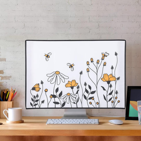 kwmobile Computer Monitor Cover for 27-28" Monitor - Bees and Flowers in Black/Orange/White