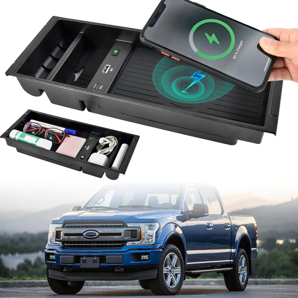 Wireless Charger for F150 2009-2023, Fast Charging Center Console Organizer Box with USB-A USB-C Port for Ford F150