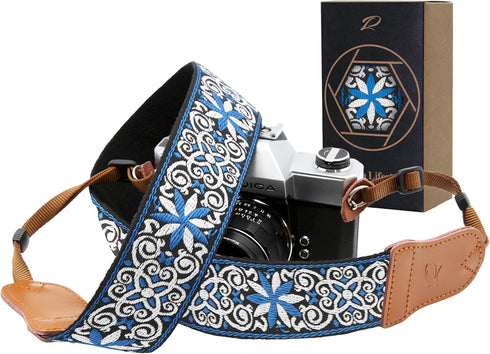 Padwa Lifestyle Camera Strap - 2" Cowhide Leather Head Ends Cotton Straps for Photographers, Adjustable Neck & Crossbody