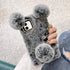 LUVI Plush Furry Case for iPhone 12, Cute Cartoon Bear Ear with Bling Glitter, 3D Diamond Bowknot, Gray