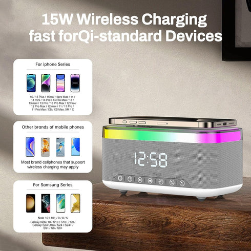 Strackvial 15W 2x10W 6 BT5.3/AUX/TF/USB, Bluetooth Speaker with Wireless Charging & Digital Clock, LED Display, Qi