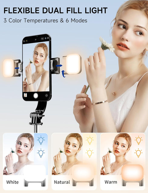 45" Selfie Stick Tripod with 2 Lights, Extendable 5 in 1 Selfie Stick with Wireless Remote for iPhone, Samsung, Android