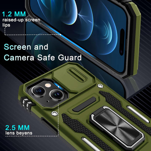 DEERLAMN iPhone 15 Case - Olive Green, Military Grade Shockproof, Slide Camera Cover, Screen Protector (2 Packs),