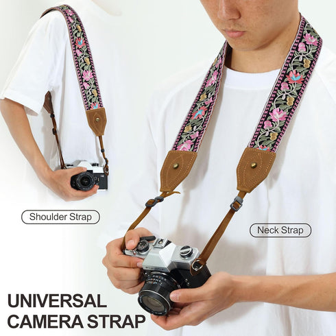 Padwa Lifestyle Embroidered Flower Camera Strap - 2" Wide Vintage Cowhide Strap for DSLR/SLR Cameras