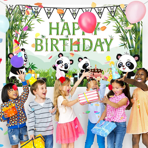 Cartoon Panda Birthday Decorations, Panda Backdrop for Party Supplies, Green Bamboo Background for Kids Birthday Party