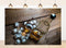 8x8ft Fabric Whiskey Bottle and Glass with Ice Cubes on Rustic Wood