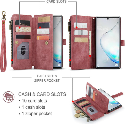 Asuwish Samsung Galaxy Note 10 Wallet Cover with Tempered Glass Screen Protector, Leather Flip, Card Holder, Red