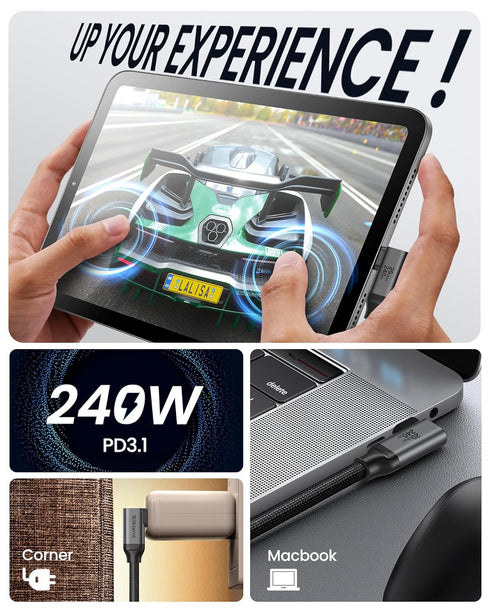 4FT, 8K@30Hz 5K/4K@60Hz 20Gbps 90 3.2 2x2 240W 17, Silkland USB C Monitor Cable Right Angle Display, Data Transfer