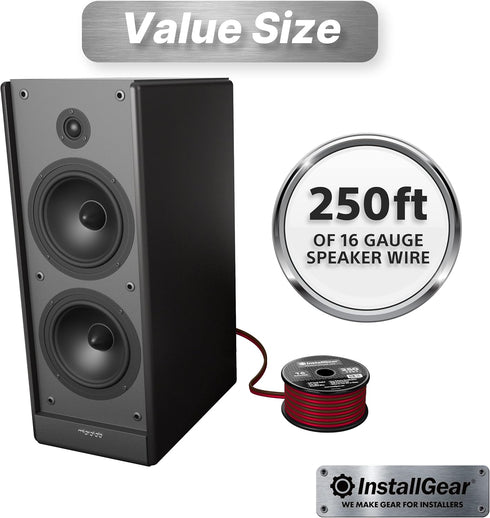 InstallGear 16 Gauge AWG Speaker Wire - True Spec Soft Touch Cable (250ft Red/Black) for Car Speakers, Stereos, Home