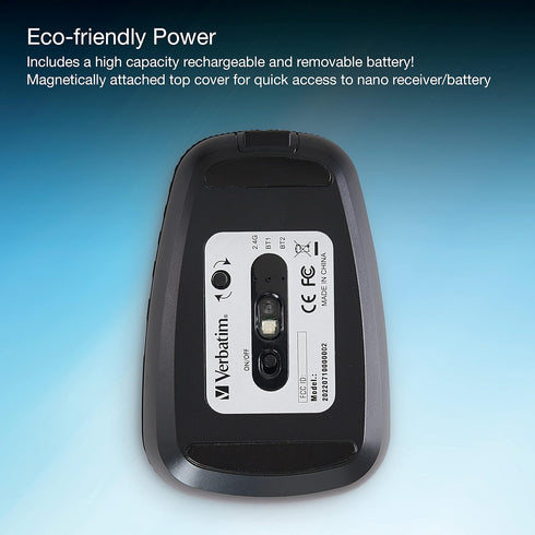 Verbatim Rechargeable Multi-Device Bluetooth 5.0 USB 2.4Ghz Wireless Optical Mouse with Adjustable DPI, Black 70755
