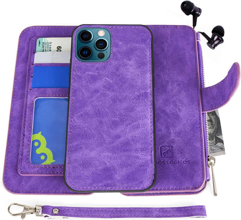 MODOS LOGICOS Detachable Wallet Folio Compatible with iPhone 12 Pro Max, Purple PU Leather Purse with Zipper Cash