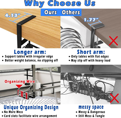 Sleclean Under Desk Cable Management Tray, Upgraded Long Arm Clamp, No Drill Steel Desk Cable Organizers