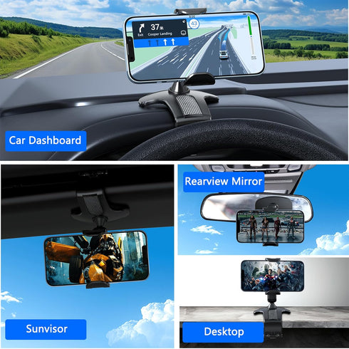 360° Rotating Car Dashboard Phone Clip Holder, Dash Steering Wheel Cell Phone Clamp Mount for 4-7 Inch Smartphones