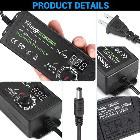 Facmogu 3V-12V 5A 60W Adjustable Power Supply with LED Display, Universal AC/DC Adapter, 100V-240V AC to DC 3-12V