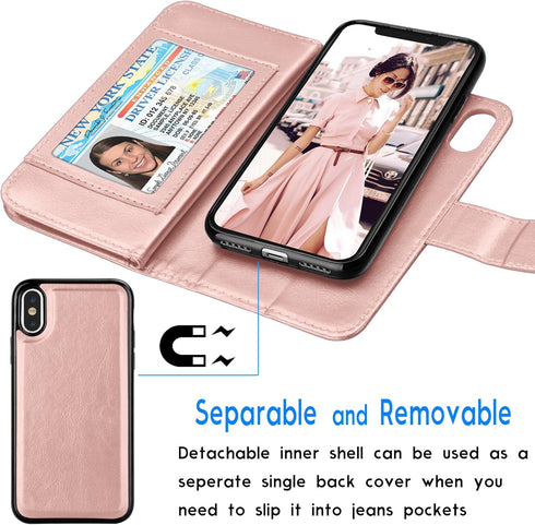 Tekcoo Luxury Wallet Case for iPhone Xs/iPhone X, Rose Gold PU Leather Flip Cover with Detachable Magnetic Hard Case